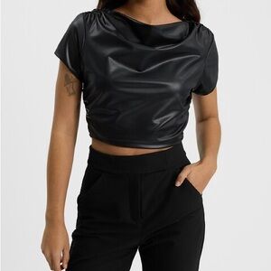 Express Medium Black Faux Leather Ruched Crop Top Stretch Edgy Night Out Moto